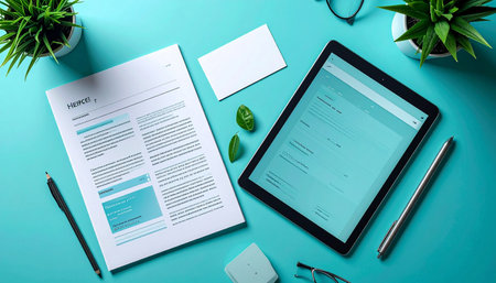 An overhead view of a modern, organized desk where a traditional paper contract lies next to its digital counterpart on a tablet.の素材