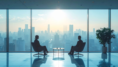 In a serene high-rise office, two executives are silhouetted against a breathtaking city view at sunrise. They engage in a crucial discussion, planning the future and forging a partnership.の素材