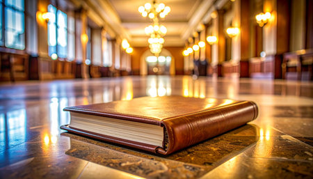 A single leather-bound book rests on the gleaming marble floor of a grand hall, its secrets waiting to be discovered.の素材