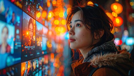 In the heart of a vibrant, neon-lit city at night, a woman stands captivated by a massive wall of glowing screens.の素材