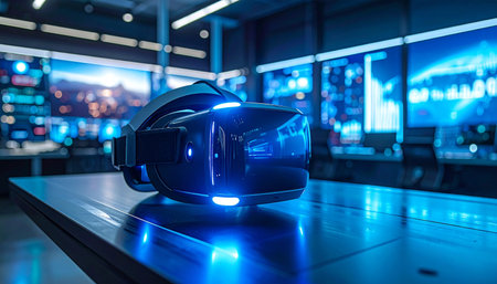 A state-of-the-art virtual reality headset glows with an inviting blue light, resting on a sleek surface in a high-tech laboratory.の素材