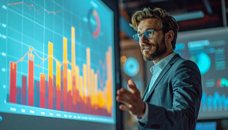 A confident financial analyst smiles as he presents a successful quarter's results on a large, interactive digital display.の素材