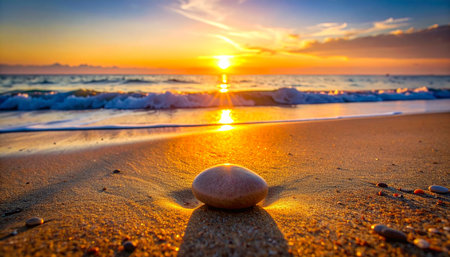 A single smooth stone rests in perfect balance, greeting the last golden rays of a spectacular sunset.の素材