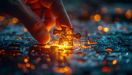 A hand carefully places the last, brilliantly glowing piece into a complex jigsaw puzzle.の素材