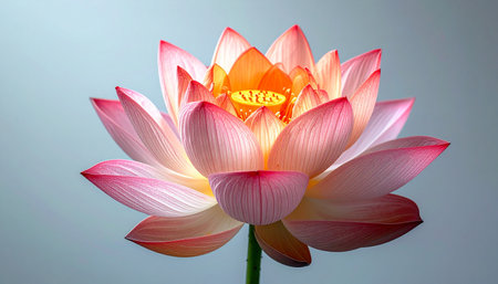 A single lotus flower unfolds its radiant pink and orange petals against a serene, soft-focus background.の素材