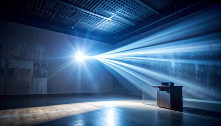 In the quiet darkness of an empty hall, a single projector springs to life. Its powerful beam cuts through the shadows, illuminating dust particles dancing in the air, creating a pathway of light.の素材