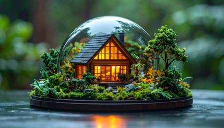 A beautifully crafted miniature home glows with warm light, safely enclosed within a glass dome.の素材