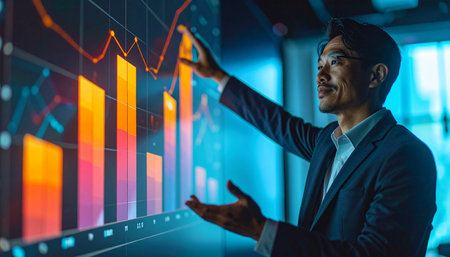 An expert financial analyst in a dark, modern office presents a glowing chart of market growth on a large, futuristic touchscreen.の素材