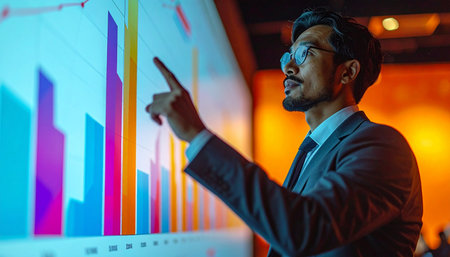 An innovative businessman in a dimly lit, modern office interacts with a large, glowing digital screen.の素材