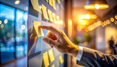 In the warm glow of a modern office, a dedicated professional organizes strategic ideas on a glass wall.の素材
