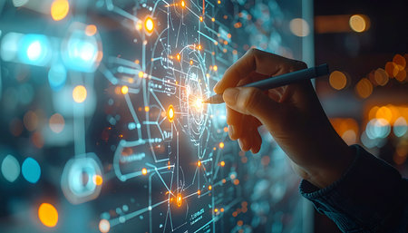 An engineer's hand uses a stylus to interact with a complex, glowing digital interface, mapping out connections and analyzing data streams.の素材