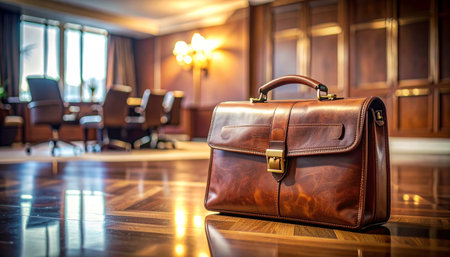 A classic leather briefcase rests on a polished boardroom table, its contents holding the details of a pivotal deal.の素材