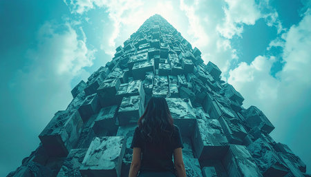 A lone explorer stands in silent awe before a colossal, forgotten pyramid shrouded in a mystical teal haze.の素材