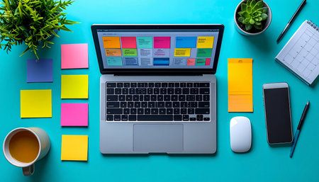 A vibrant and organized desk captures a moment of peak productivity.の素材