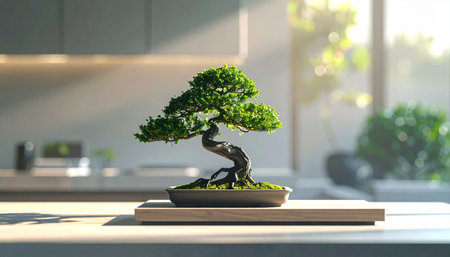 A beautifully sculpted miniature bonsai tree sits peacefully on a wooden surface, bathed in the soft, warm glow of morning sunlight.の素材