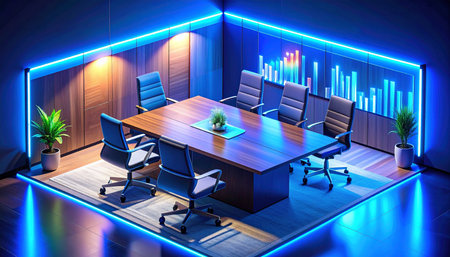 In a state-of-the-art boardroom illuminated by cool blue neon, an empty conference table awaits the arrival of key decision-makers.の素材