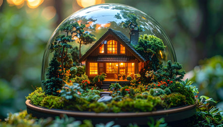 Captured inside a glass sphere, a charming miniature house offers a warm and inviting glow.の素材