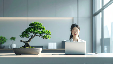 A focused Asian businesswoman works diligently on her laptop in a serene, modern office.の素材
