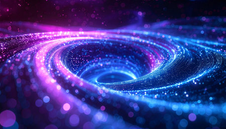 A mesmerizing vortex of luminous blue and purple particles swirls into a cosmic singularity, representing a journey through a digital wormhole, the flow of big data, or the mysterious depths of the u.の素材