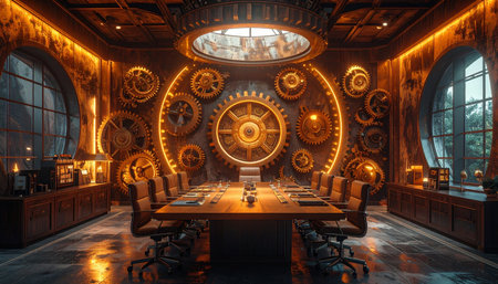 Within this opulent steampunk chamber, where glowing gears mark the passage of time and ideas, a grand table awaits the masterminds of a new industrial age.の素材