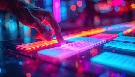 In a world saturated with neon light, a hand reaches out to interact with a glowing digital interface. Each touch sends a pulse of energy through the system, creating a symphony of light and sound.の素材