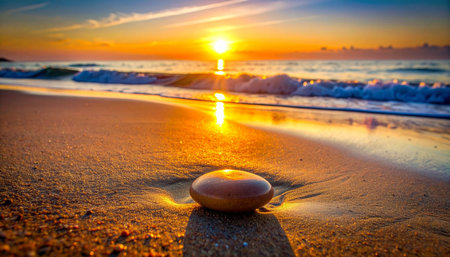 As the sun dips below the horizon, its last golden rays kiss the surface of a smooth, solitary stone on the wet sand.の素材