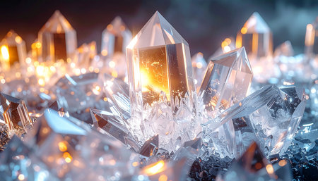 A magnificent cluster of clear quartz crystals glows with an inner fire.の素材