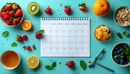 A top-down view captures the essence of proactive wellness. A blank weekly planner sits ready for goals, surrounded by a vibrant array of fresh fruits, berries, and healthy snacks.の素材