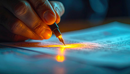 In a dimly lit room, a hand guides a pen across a crucial document.の素材