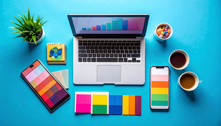 A top-down view of a vibrant and organized creative workspace. A designer or digital marketer analyzes data on a laptop while referencing color palettes on mobile devices, fueled by coffee.の素材