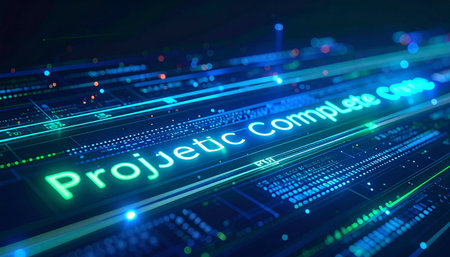 A glowing notification 'Project Complete' illuminates a futuristic circuit board, symbolizing the successful finalization of a complex technological task.の素材