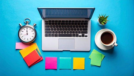 A vibrant and organized workspace captured from above.の素材