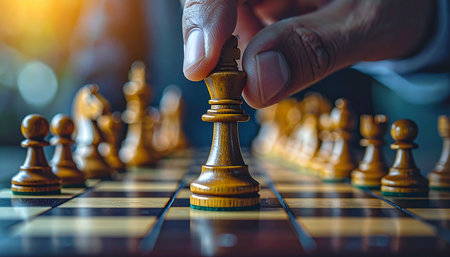 In a moment of intense focus, a player's hand carefully positions the queen for a decisive move.の素材