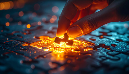 A hand carefully places the final, glowing piece into a complex jigsaw puzzle.の素材