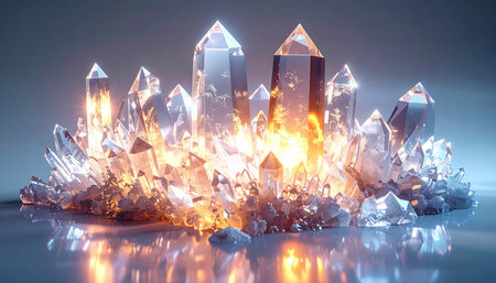 A magnificent cluster of pristine crystals rests on a tranquil, reflective surface.の素材
