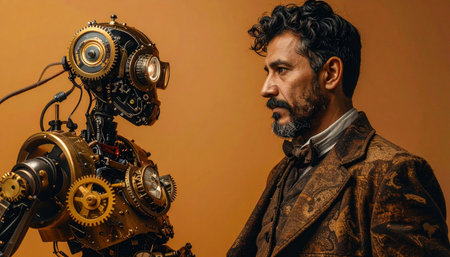 In a workshop filled with the scent of oil and ozone, a Victorian inventor gazes upon his greatest creation, a steampunk automaton.の素材