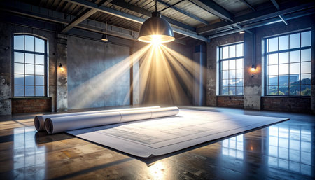 In a vast, empty industrial loft, a single beam of light illuminates the first step of a transformation.の素材