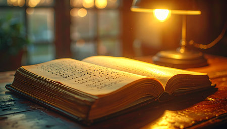 An old, weathered book lies open on a wooden desk, its pages illuminated by the soft, warm glow of a nearby lamp.の素材