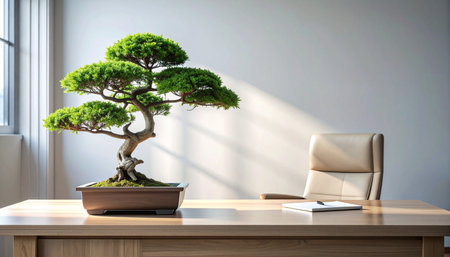 A beautifully sculpted bonsai tree sits on a clean wooden desk, bathed in the soft morning light from a nearby window.の素材