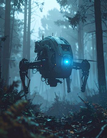In the quiet depths of a fog-shrouded forest, an advanced autonomous drone conducts a silent patrol.の素材