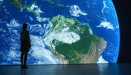 A silhouette of a woman stands in quiet contemplation before a massive, glowing digital wall displaying a detailed view of Planet Earth.の素材