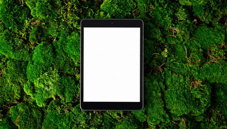 A modern digital tablet with a blank screen rests on a bed of vibrant green moss, creating a striking visual contrast.の素材