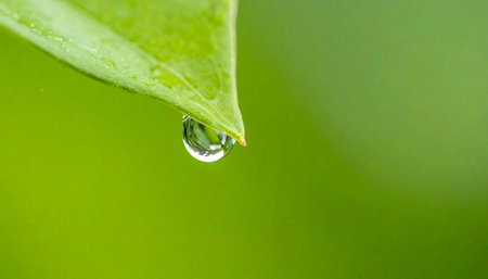 A single, perfect droplet of morning dew clings to the tip of a vibrant green leaf, reflecting the world in its tiny surface.の素材
