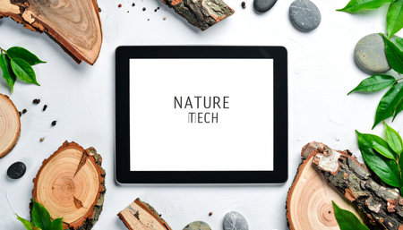 A digital tablet displays the words 'Nature Tech', symbolizing the harmonious integration of modern technology with the natural world.の素材