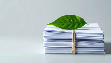 A single fresh green leaf rests on a neatly tied stack of paper, symbolizing a commitment to sustainable practices and environmental responsibility in the modern workplace.の素材