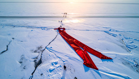 From a breathtaking aerial perspective, a team prepares a vibrant red snow kite against the stark white expanse of a frozen lake.の素材