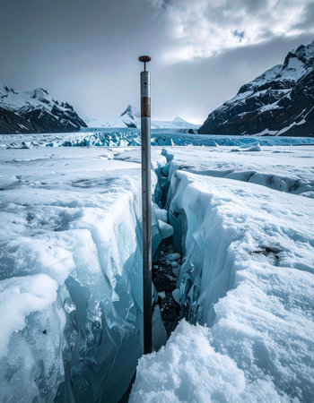 A scientific instrument is lowered into the deep blue fissure of a glacier, conducting vital research.の素材