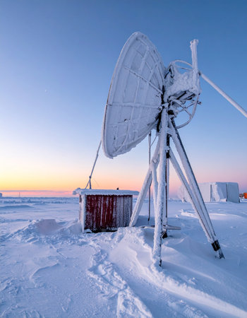 A lone satellite dish stands coated in frost against the extreme cold of a polar dawn.の素材