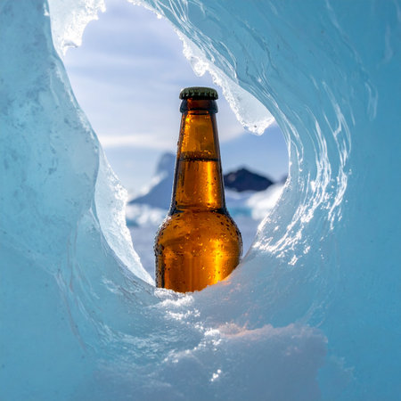 A single beer bottle finds the perfect natural cooler, nestled within a hollow of pure glacial ice.の素材