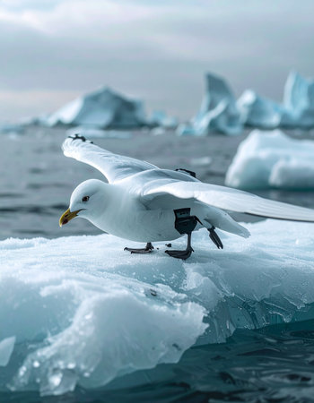 A resilient Arctic seabird, fitted with a scientific research tracker, finds a momentary resting place on a floating piece of ice.の素材